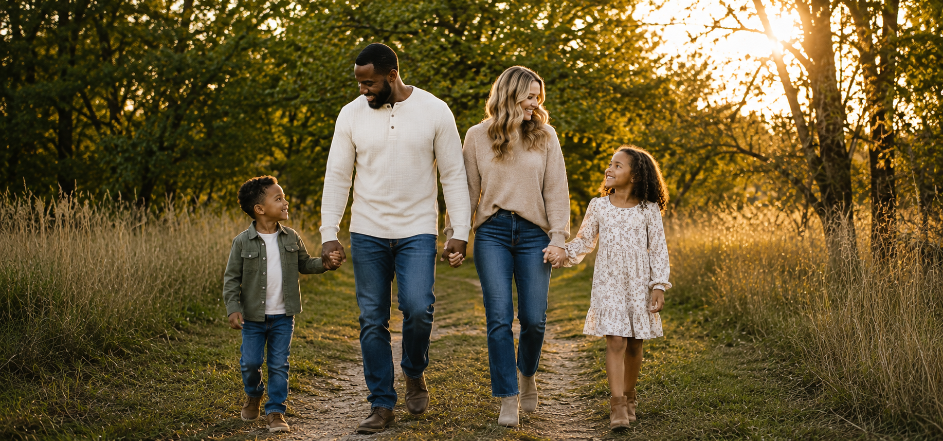 Family walking together outdoors representing faith, connection, and the family-centered mission of Family Man Boot Camp
